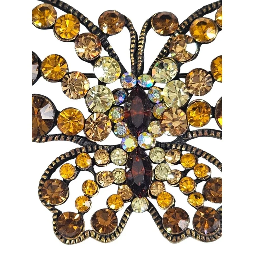 Vintage Butterfly Brooch Amber Yellow Rhinestone Gold Tone Statement Pin